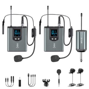 Wireless Microphone System Dual Transmitters Receiver Lavalier/Headset Mic Set Rechargeable Bodypack for PA Speaker, Camera, Video Recording, Teaching, Church, Interview