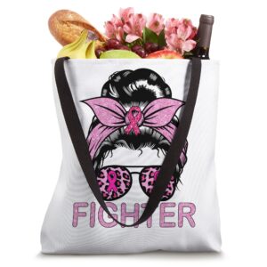 Fighter Messy Bun Leopard Pink Breast Cancer Awareness Tote Bag