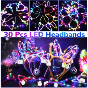 Janinka 30 Pcs LED Glow in the Dark Headband Set, 10 Cute Cat Ears Luminous Headband 10 Rabbit Bunny Ear Hairband 10 Unicorn style Light up Headband for Women Girls Birthday Party Supplies