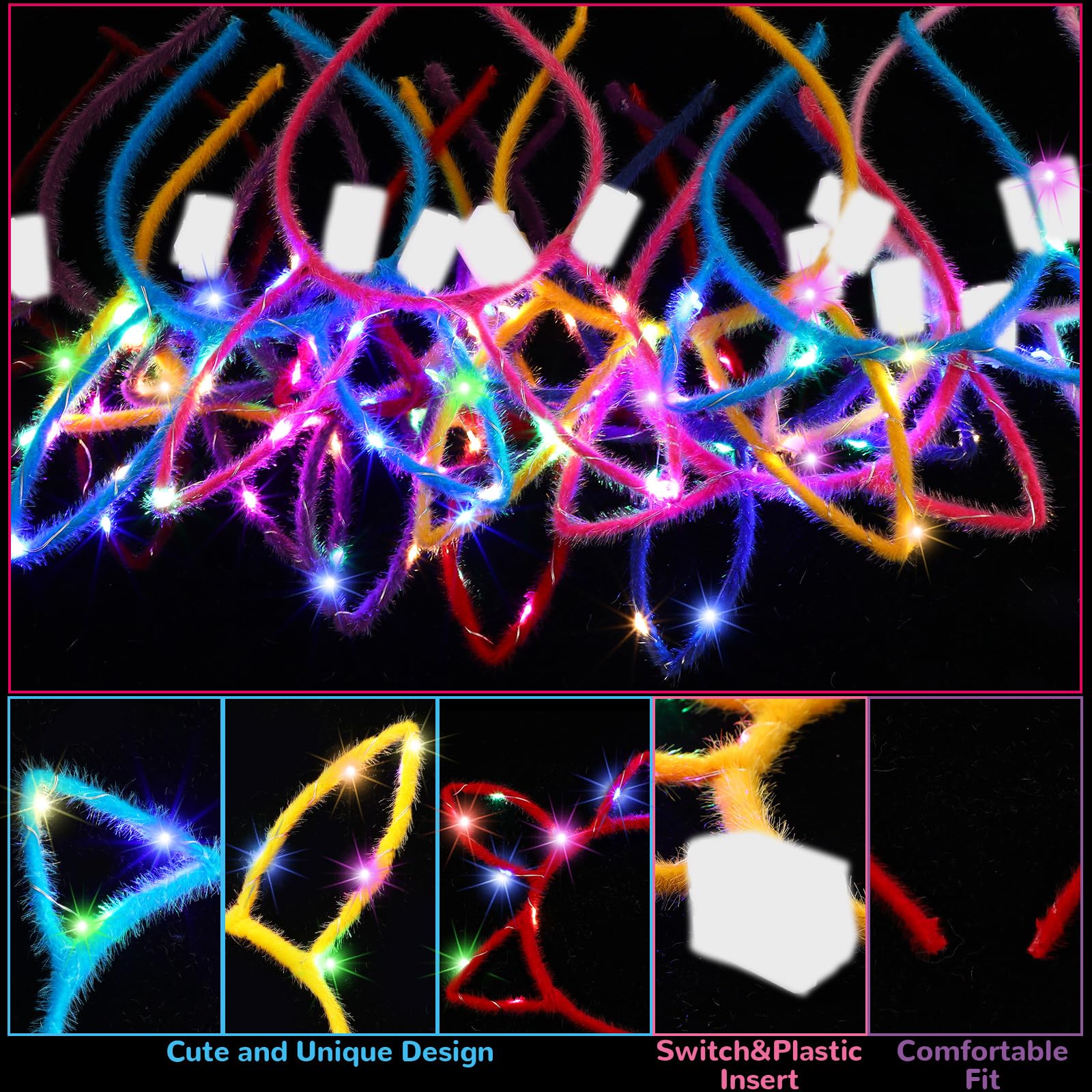 Janinka 30 Pcs LED Glow in the Dark Headband Set, 10 Cute Cat Ears Luminous Headband 10 Rabbit Bunny Ear Hairband 10 Unicorn style Light up Headband for Women Girls Birthday Party Supplies