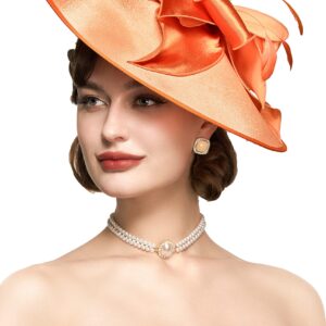 BABEYOND Derby Hats for Women - Fascinators Tea Party Hats Headband Wide Brim Fascinator Wedding Cocktail Flower Feathers Orange