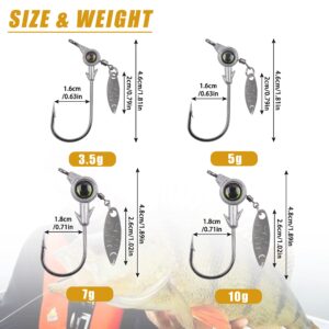 Fishing Jig Head Hook 10pcs Underspin Jig Head Swimbait Jigs with Willow Bladed 3D Big Eyes Round Head Crappie Jigs Saltwater Freshwater Bass Fishing Tackle Accessories 1/8, 3/16, 1/4, 3/8oz