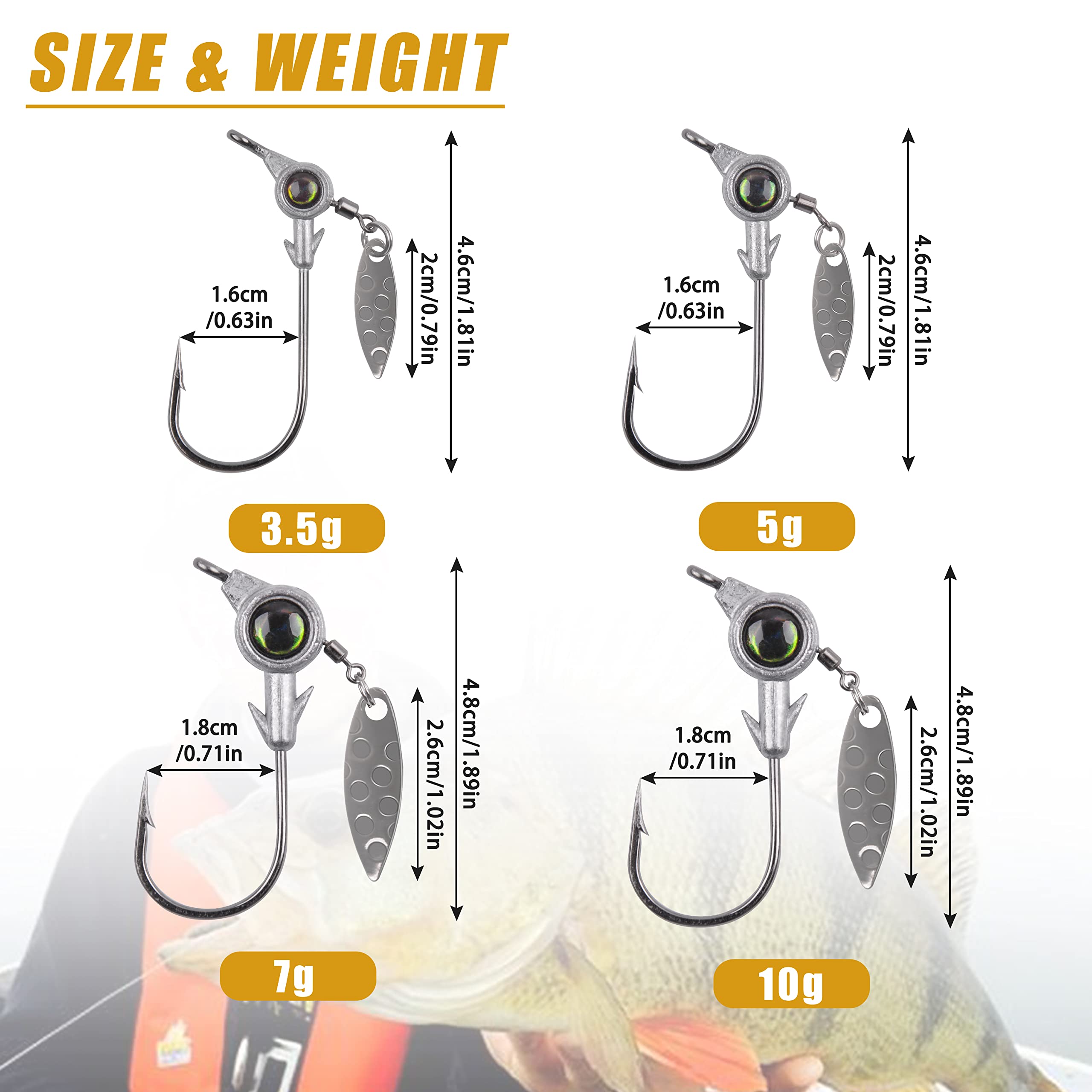 Fishing Jig Head Hook 10pcs Underspin Jig Head Swimbait Jigs with Willow Bladed 3D Big Eyes Round Head Crappie Jigs Saltwater Freshwater Bass Fishing Tackle Accessories 1/8, 3/16, 1/4, 3/8oz