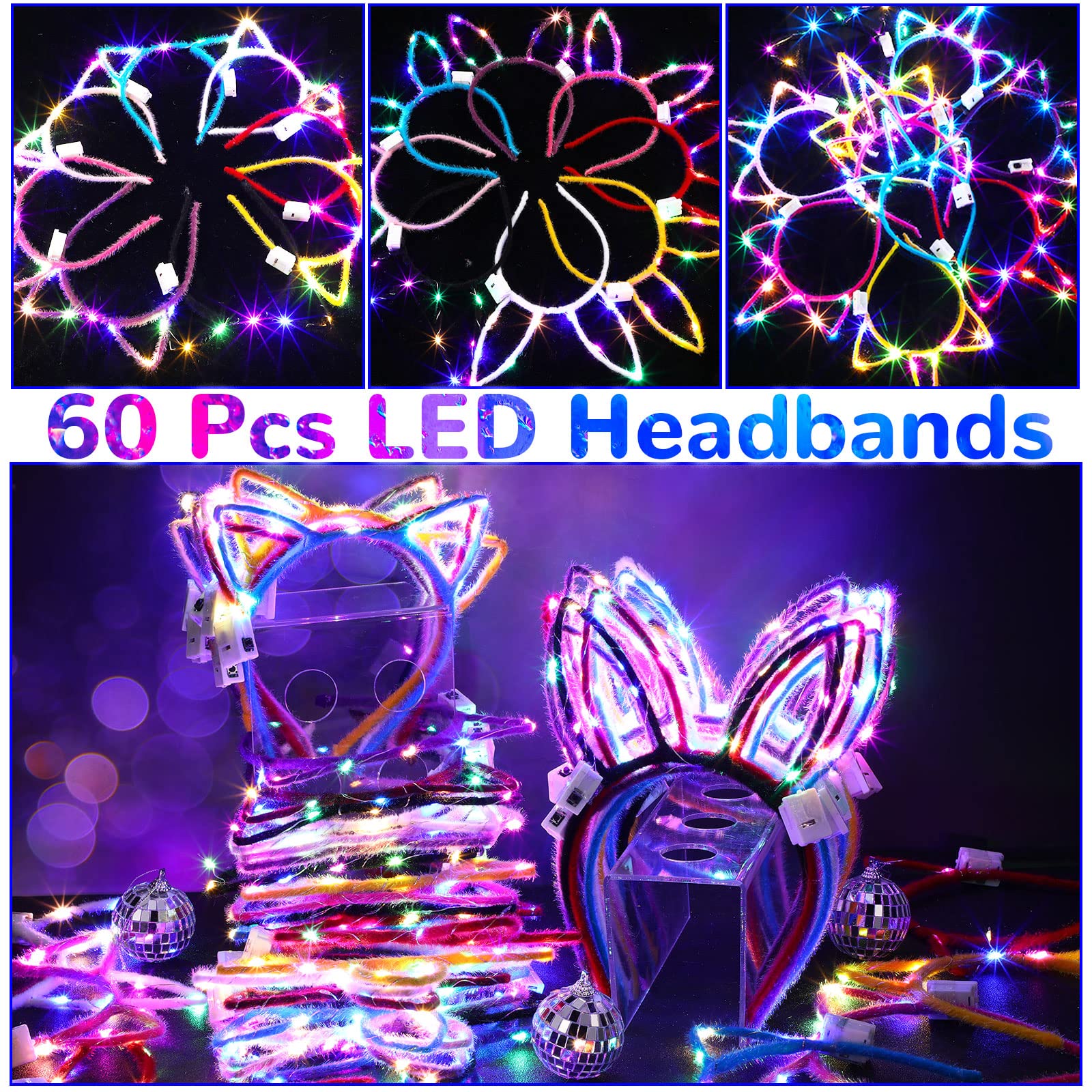 Janinka 60 Pcs LED Cat Ears Headband Bulk Cute Light up Headband Cat Ear Bunny Ear Unicorn Headband Light up Hair Accessories Luminous LED Headdress Hairbands for Women Girls Party Supplies