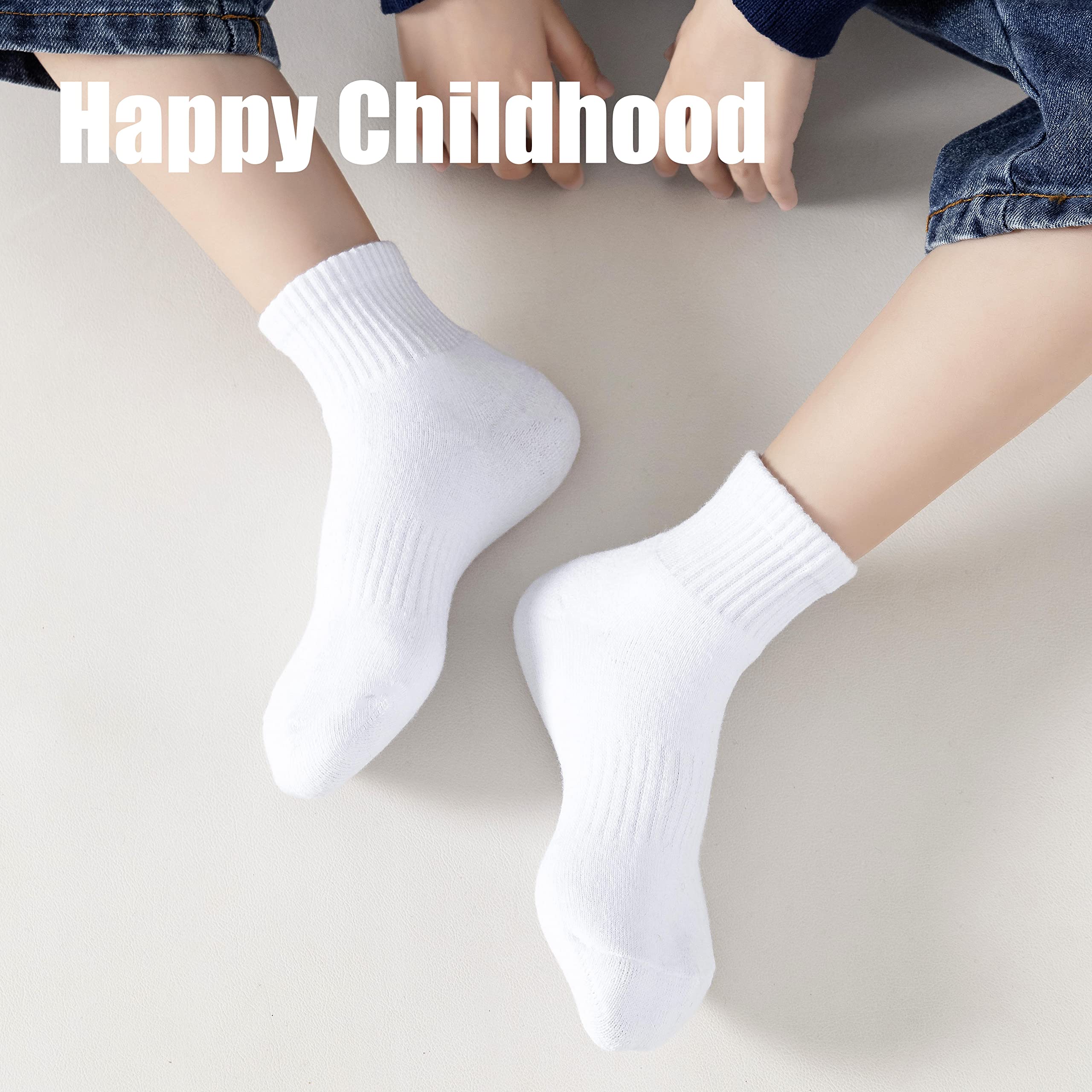 Marchare Boys Socks Kids Cushioned Crew Socks Girls Thick Cotton Athletic Running Socks White 6 Pack 7-10 Years