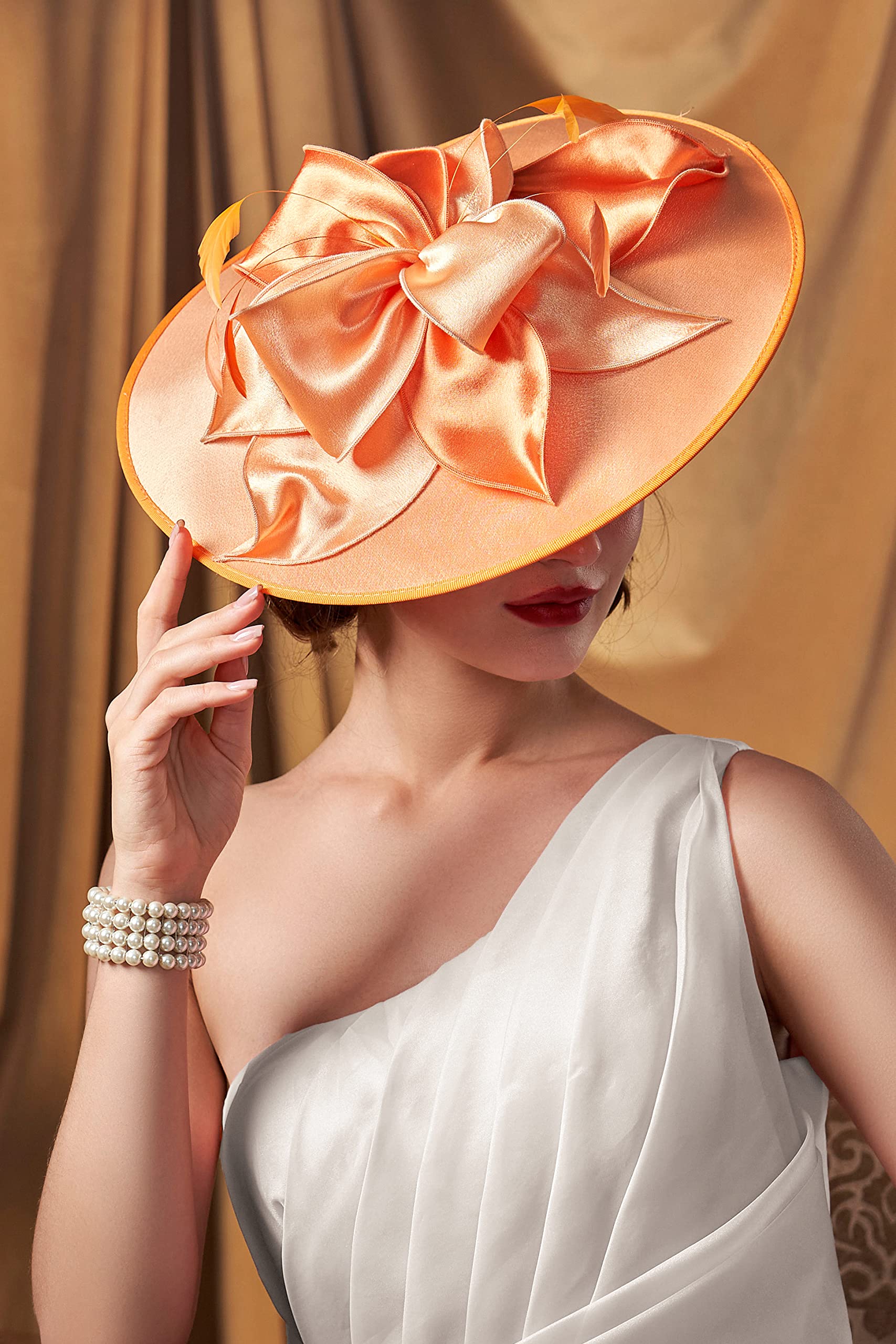 BABEYOND Derby Hats for Women - Fascinators Tea Party Hats Headband Wide Brim Fascinator Wedding Cocktail Flower Feathers Orange