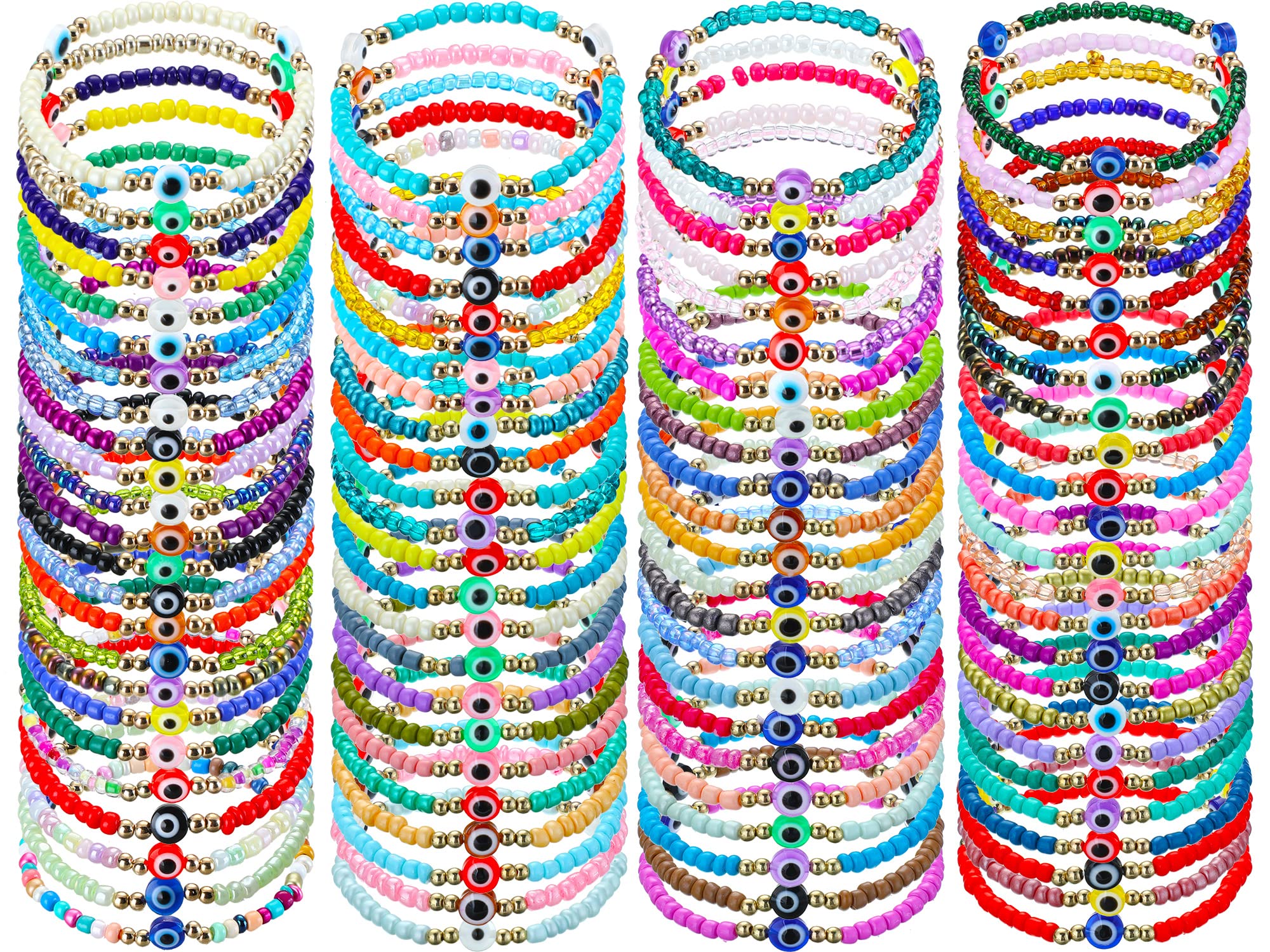 96 Pcs Mexican Evil Eye Strand Bracelet Beaded, Pack Elastic Protection Bracelet Lucky Anklet Amulet Bangle for Women Men