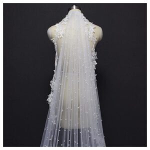 Ts Pearls Wedding Veil， with Lace Appliques Edge 2.5 Meters Long Bridal Veil， with Comb 250CM Veil for Bride (Color : White, Item Length : 250cm)