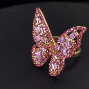 Pink CZ Butterfly Statement Ring for Women Gold Plated Boho Crystal Adjustable Open Band Wrap Finger Rings Comfort Fit Dainty Birthday Wedding Anniversary Mother's Day Christmas Jewelry