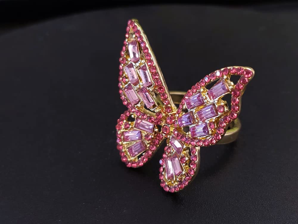 Pink CZ Butterfly Statement Ring for Women Gold Plated Boho Crystal Adjustable Open Band Wrap Finger Rings Comfort Fit Dainty Birthday Wedding Anniversary Mother's Day Christmas Jewelry