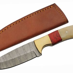 SZCO Supplies 9" Bone/Red Wood Handle Damascus Steel Outdoor Hunting Knife With Sheath