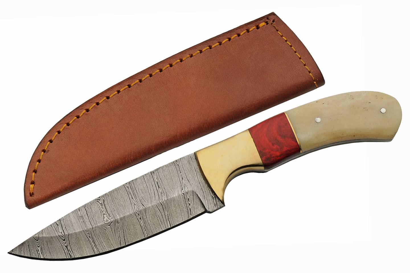 SZCO Supplies 9" Bone/Red Wood Handle Damascus Steel Outdoor Hunting Knife With Sheath