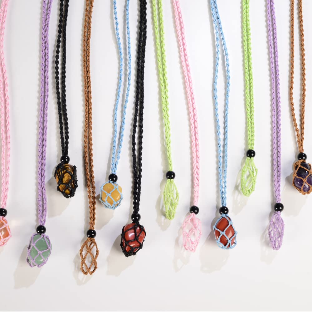 weryerker 12 PCS Crystal Necklace Cord Empty Stone Holder 1.57“ Rope Hand-Woven Necklace Cord with Adjustable for Stone Necklace DIY Bracelet (Black + Blue + Green + Purple + Pink + Coffee)