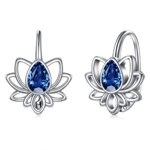 WINNICACA Lotus Leverback Earrings for Women Sterling Silver Flower Lotus Dangle Drop Earrings with Created Sapphire Lotus Jewelry Lotus Gifts for Teens Birthday Anniversary