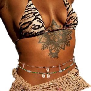 Woeoe African Waist Beads Layered Shell Bead Belly Chain Elastic Plus Size Waist Jewelry Body Accessories for Women