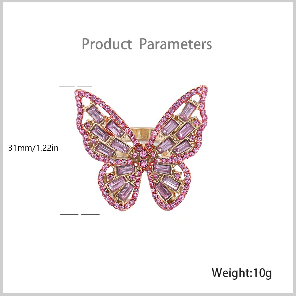 Pink CZ Butterfly Statement Ring for Women Gold Plated Boho Crystal Adjustable Open Band Wrap Finger Rings Comfort Fit Dainty Birthday Wedding Anniversary Mother's Day Christmas Jewelry