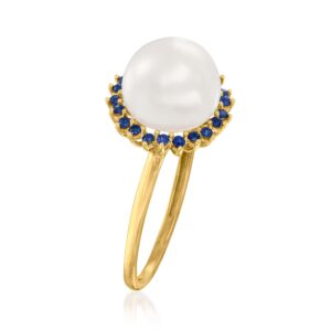 Ross-Simons 9-9.5mm Cultured Pearl and .20 ct. t.w. Sapphire Halo Ring in 14kt Yellow Gold. Size 6