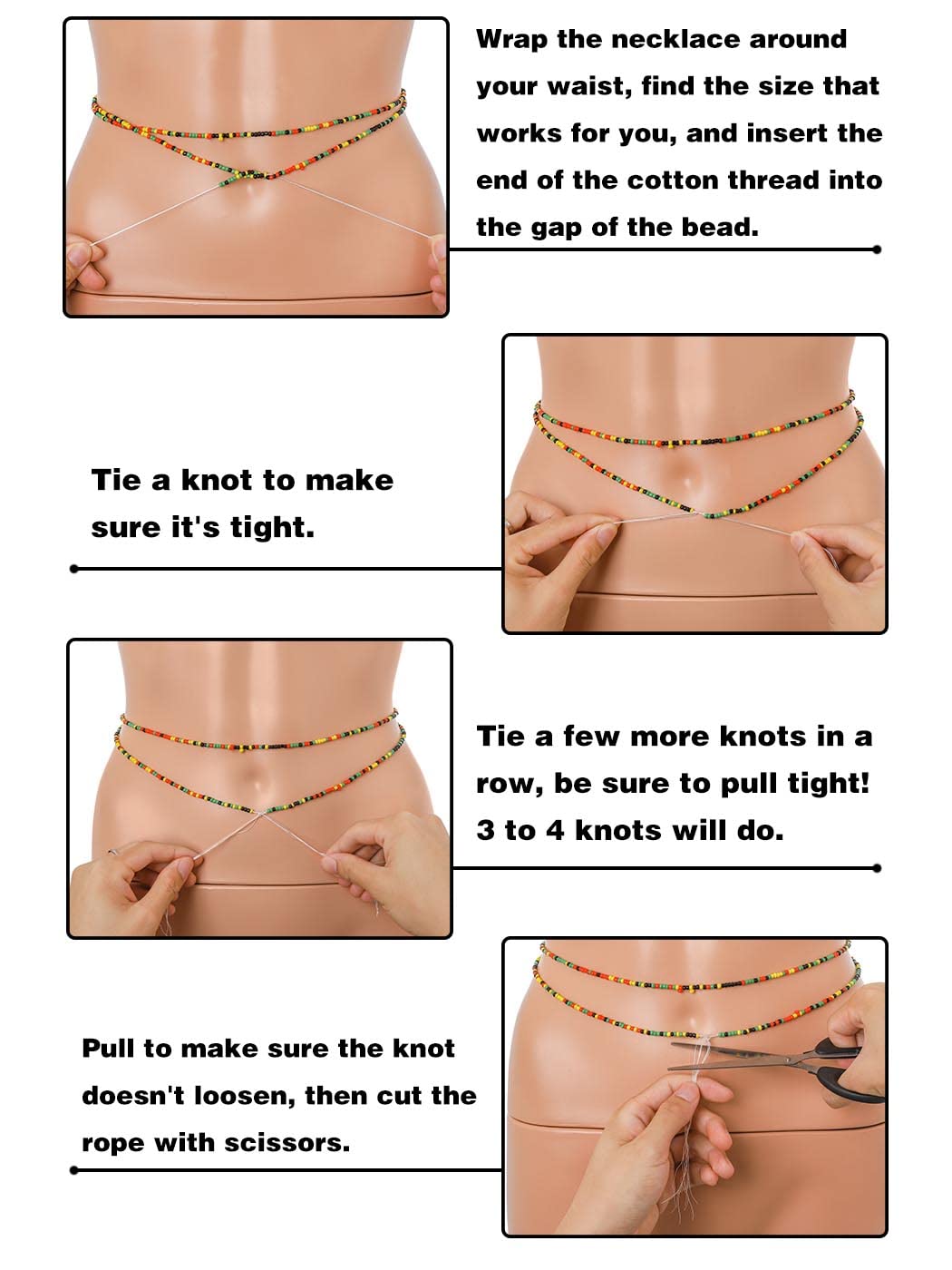 ELABEST 50inch Plus Size African Waist Beads Stone Belly Chain Non-Stretching Tie-on Bead Body Jewelry Accessories for Women and Girls (YZM-D4#)