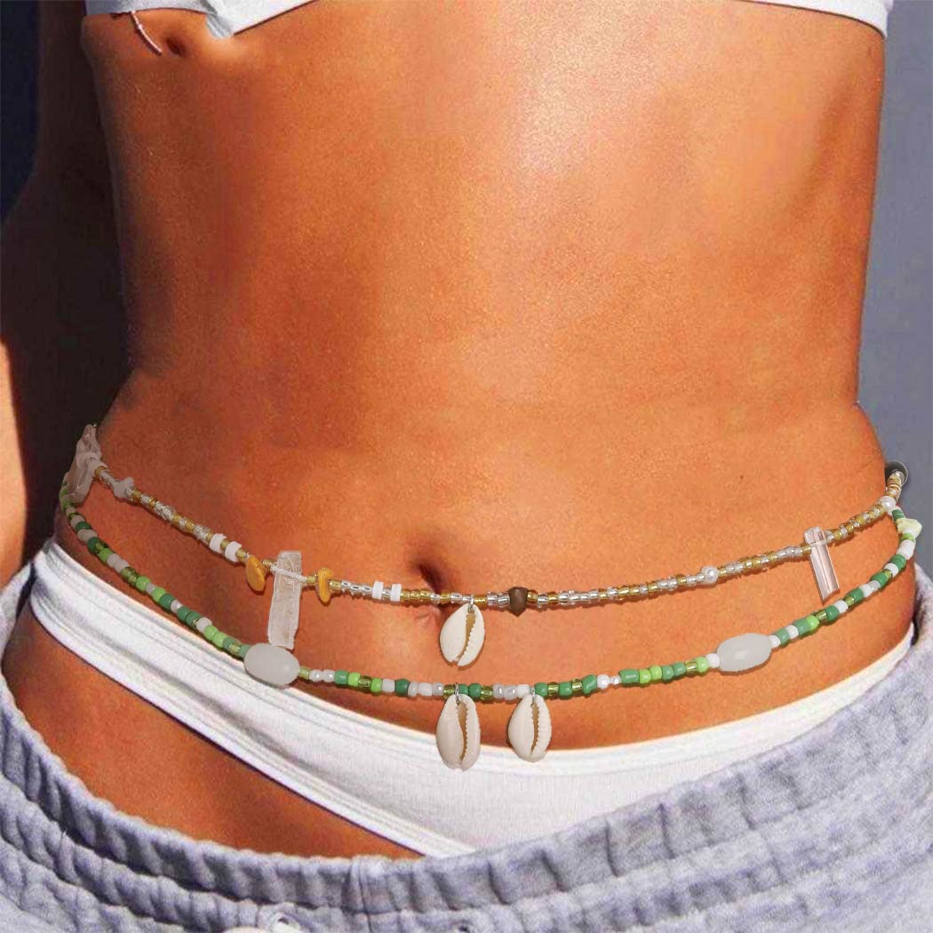 Woeoe African Waist Beads Layered Shell Bead Belly Chain Elastic Plus Size Waist Jewelry Body Accessories for Women