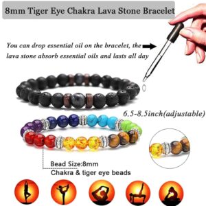 FIRAZIO 14Pcs Black Lava Stone 7 Chakra Bracelets 8mm Yinyang Rock Bead Elastic Bracelet Crystals Stones Bracelets Yoga Beaded Bracelets Essential Oil Diffuser for Men Women Jewelry