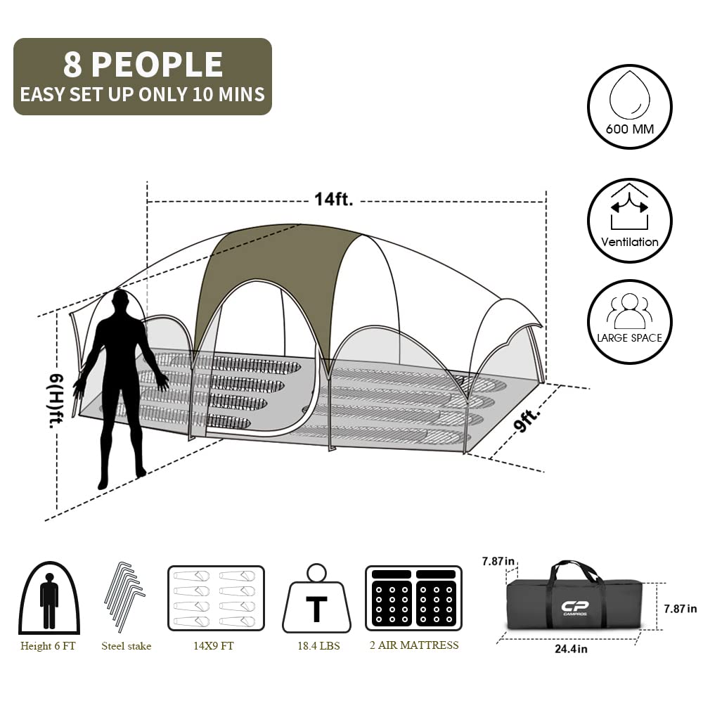 CAMPROS CP Tent 8 Person Camping Tents, Weather Resistant Family Tent, 5 Large Mesh Windows, Double Layer, Divided Curtain for Separated Room, Portable with Carry Bag - Olive