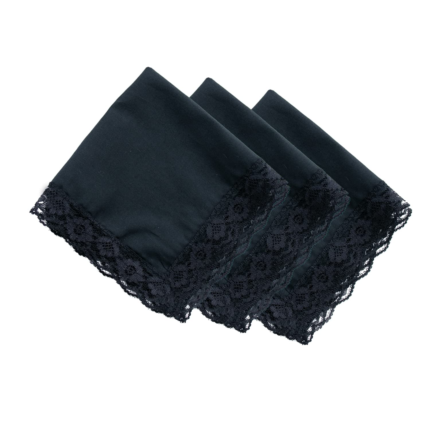 COCOUSM Ladies Handkerchiefs with Lace Pure Cotton Womens Hankies Black 3PCS