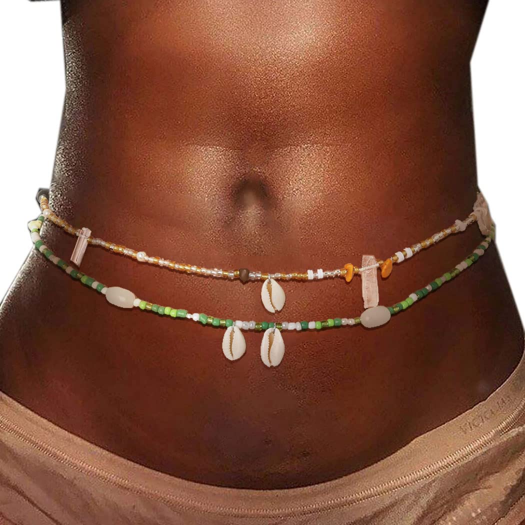 Woeoe African Waist Beads Layered Shell Bead Belly Chain Elastic Plus Size Waist Jewelry Body Accessories for Women