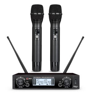 hiberr church wireless microphone, 2channel uhf wireless mic 300ft range, 2x60 adjustable frequencies, good pickup, suitable for church, karaoke, meeting(yu-a20rhl)