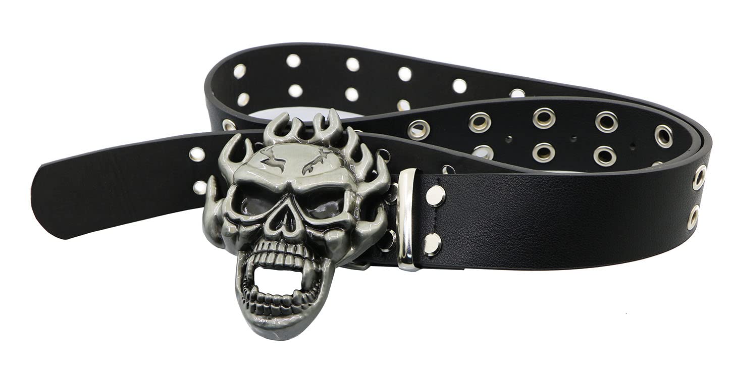 NORICAP Men And Women Metal Skull Head Leather Buckle Belt Waist Band Jeans Decorative Punk Belt (black)