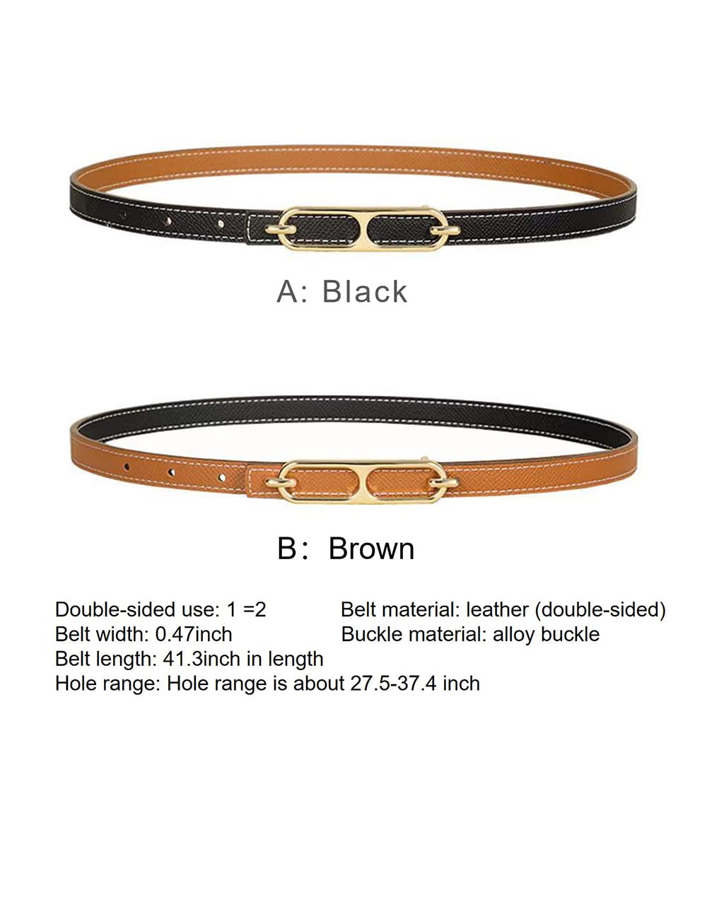 SUPLEAP Women Fashion Belt For Dress Jean Skinny Leather Belts Gold Alloy Buckle(Black)