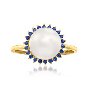 Ross-Simons 9-9.5mm Cultured Pearl and .20 ct. t.w. Sapphire Halo Ring in 14kt Yellow Gold. Size 6