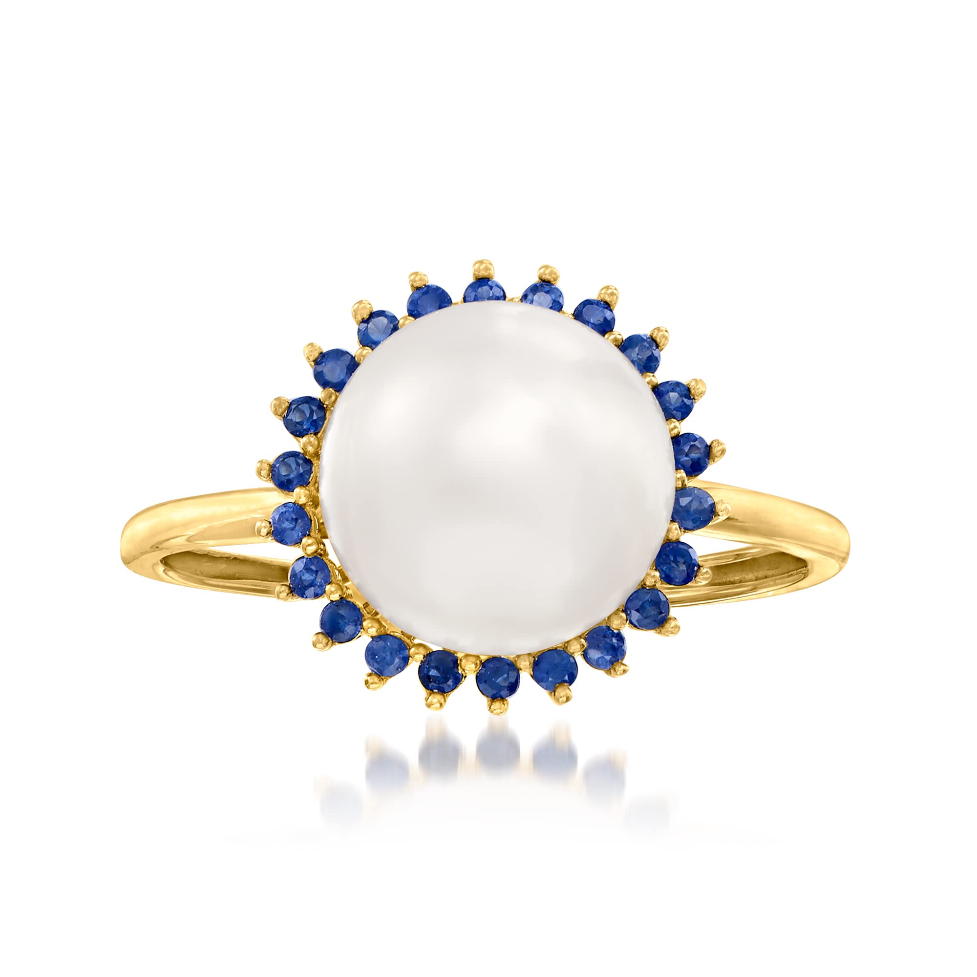 Ross-Simons 9-9.5mm Cultured Pearl and .20 ct. t.w. Sapphire Halo Ring in 14kt Yellow Gold. Size 6