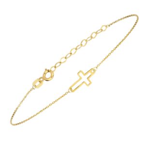 MIONZA 14k Solid Gold Cross Bracelet for Women, Bracelets, Real Gold Sideways Adjustable Cross Bracelet, Gold Plated Bracelet for Women, Christian Baptism Gift