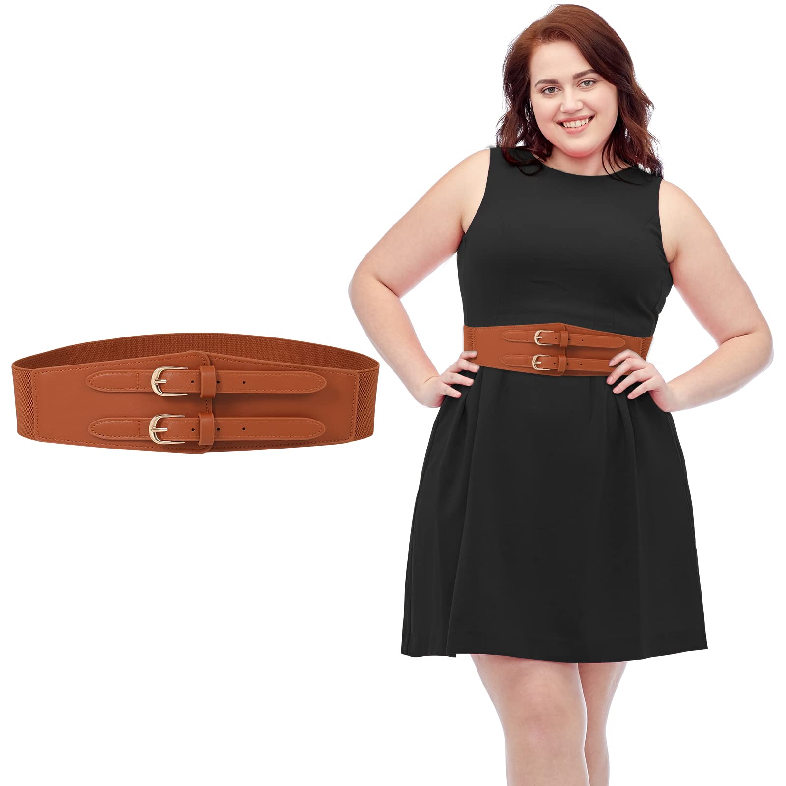 AWAYTR Double Buckle Women's Elastic Belt - Ladies Stretchy Wide Belts for Dresses, Leather Waist Belts for Women Jeans（Brown 31-33.5"）