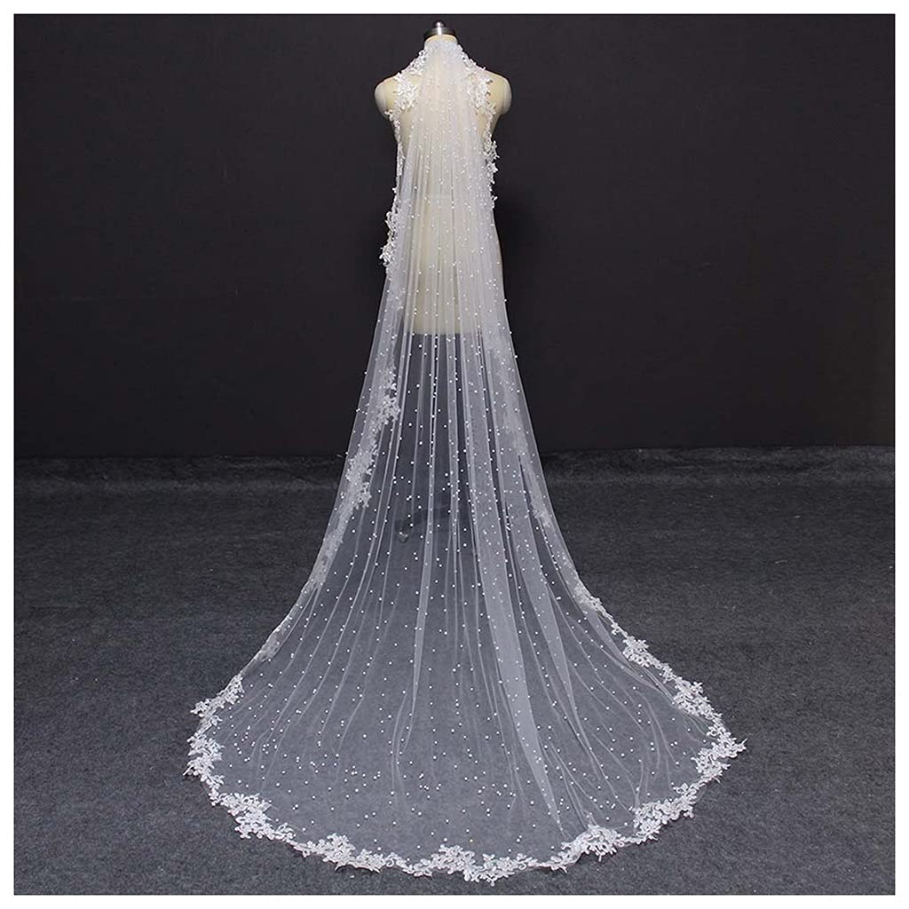 Ts Pearls Wedding Veil， with Lace Appliques Edge 2.5 Meters Long Bridal Veil， with Comb 250CM Veil for Bride (Color : White, Item Length : 250cm)