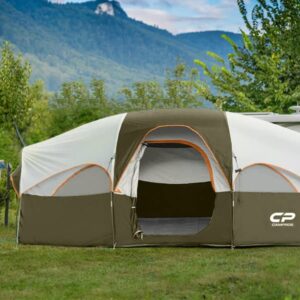 CAMPROS CP Tent 8 Person Camping Tents, Weather Resistant Family Tent, 5 Large Mesh Windows, Double Layer, Divided Curtain for Separated Room, Portable with Carry Bag - Olive