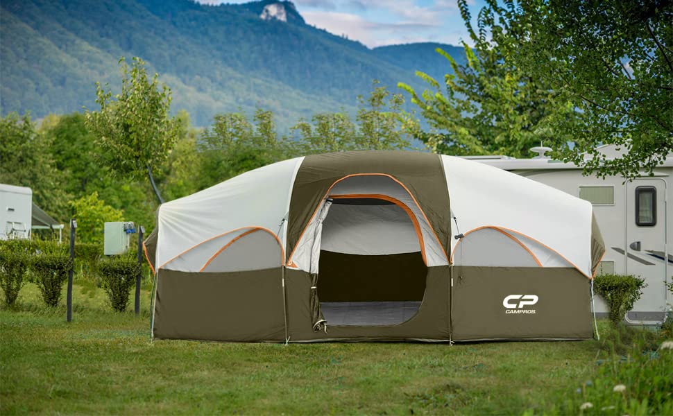 CAMPROS CP Tent 8 Person Camping Tents, Weather Resistant Family Tent, 5 Large Mesh Windows, Double Layer, Divided Curtain for Separated Room, Portable with Carry Bag - Olive