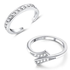 MILACOLATO 2Pcs Sterling Silver Toe Rings Set Cubic Zirconia Adjustable Band Rings Fitted Wrap Around Toe Ring for Women Summer Barefoot Jewelry | Silver