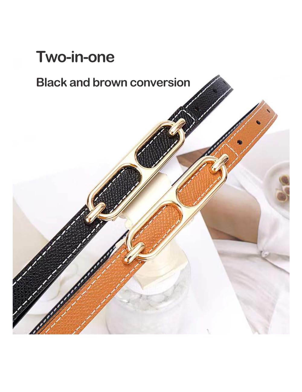 SUPLEAP Women Fashion Belt For Dress Jean Skinny Leather Belts Gold Alloy Buckle(Black)