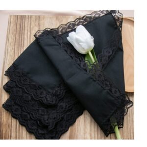 COCOUSM Ladies Handkerchiefs with Lace Pure Cotton Womens Hankies Black 3PCS