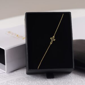 MIONZA 14k Solid Gold Cross Bracelet for Women, Bracelets, Real Gold Sideways Adjustable Cross Bracelet, Gold Plated Bracelet for Women, Christian Baptism Gift