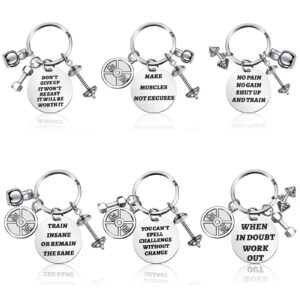 Yinkin 6 Pieces Fitness Gym Charm Keychains Stainless Steel Fitness Gifts with Quotes Dumbbell Personal Trainer Gifts Workout Gifts for Women Gym Keychain for Fitness Enthusiast