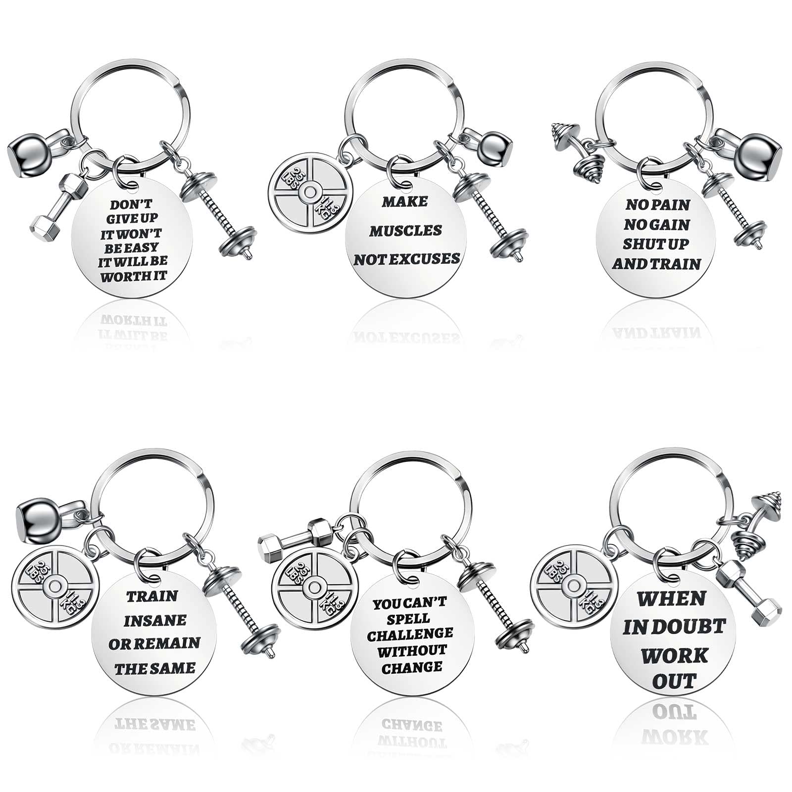 Yinkin 6 Pieces Fitness Gym Charm Keychains Stainless Steel Fitness Gifts with Quotes Dumbbell Personal Trainer Gifts Workout Gifts for Women Gym Keychain for Fitness Enthusiast