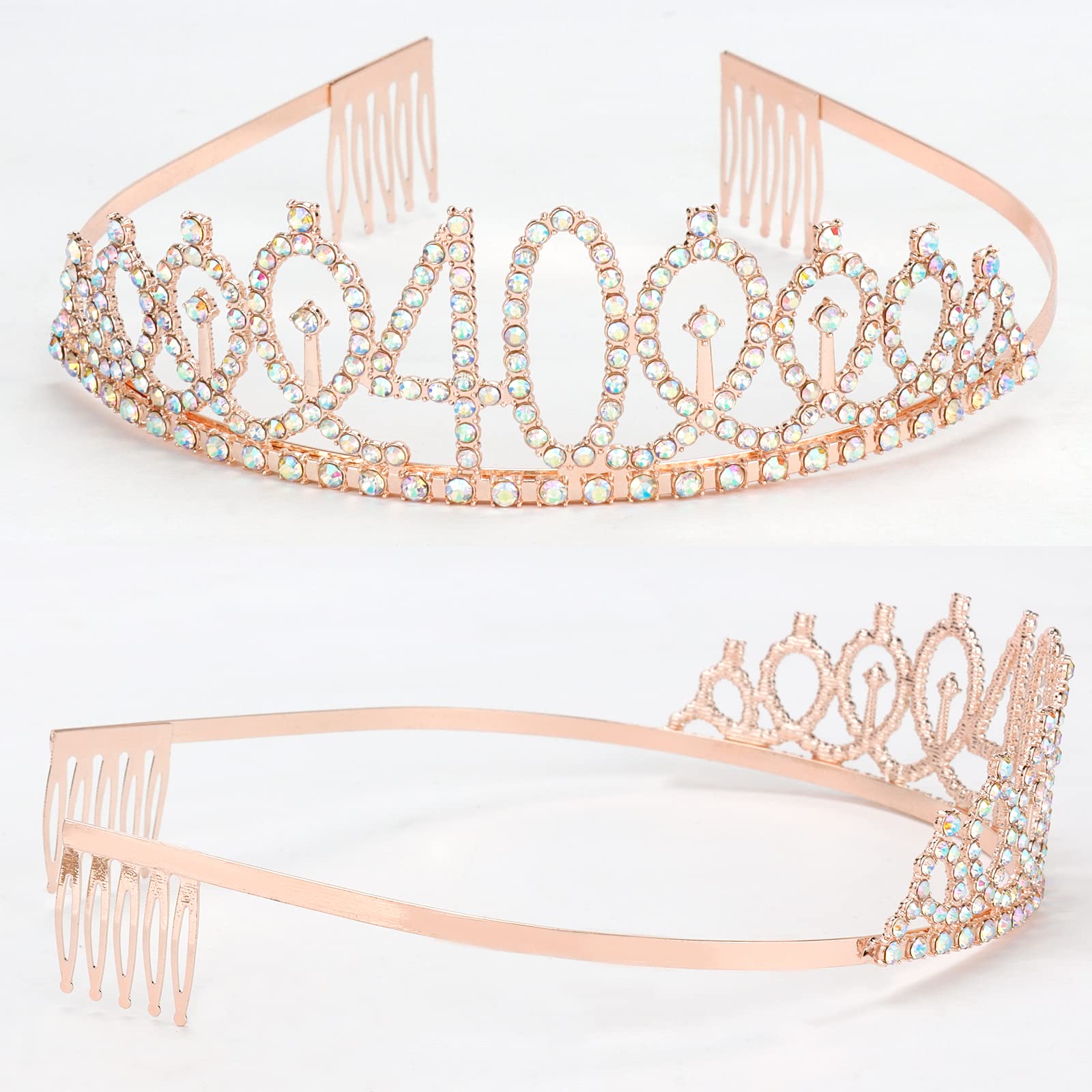 40th Birthday Sash & Rhinestone Crown Kit- Happy 40th Birthday Gifts Women 40th birthday decorations women (AB rose gold)