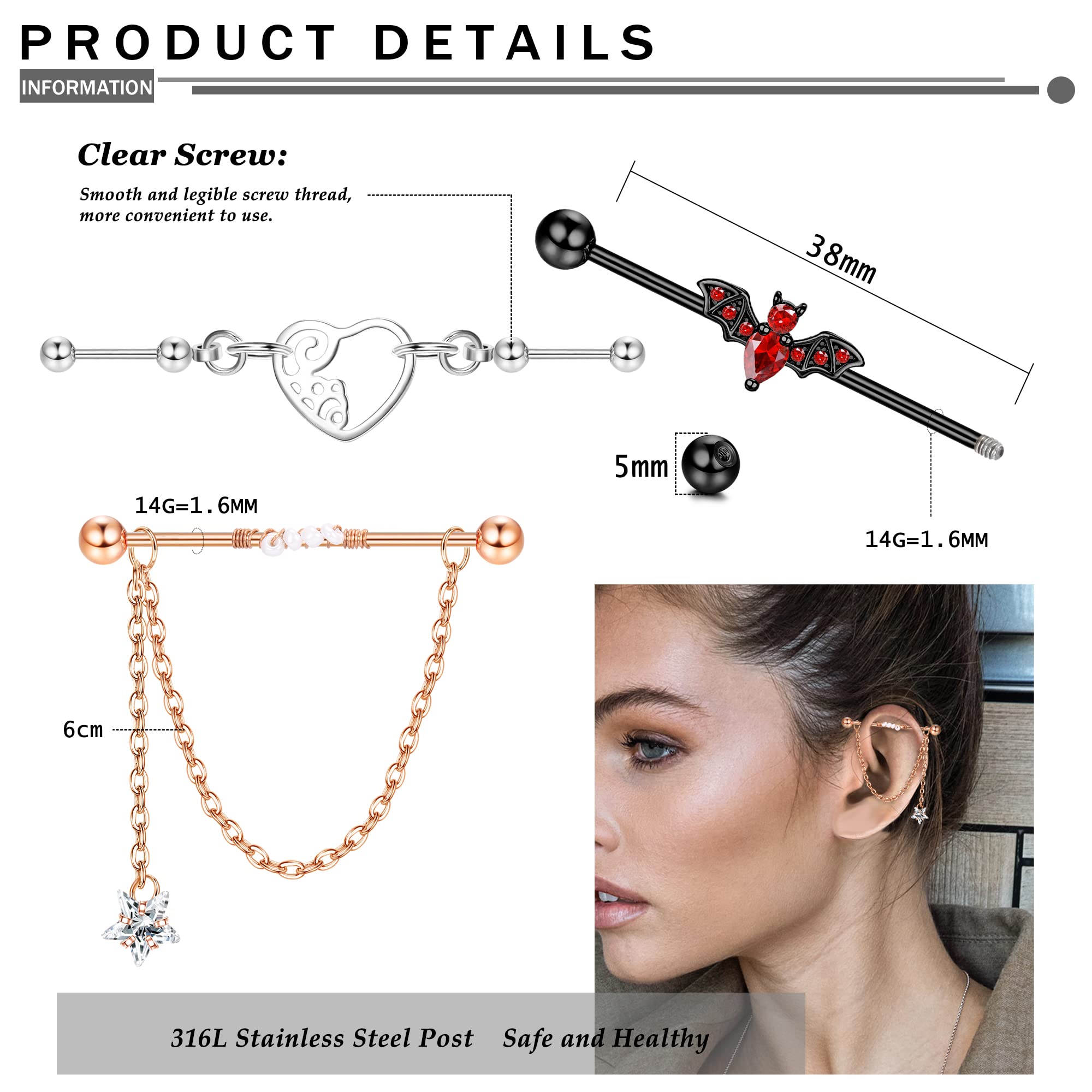 Sanfenly Industrial Piercing Jewelry 14G Stainless Steel Industrial Barbell Earrings with Chain Dangle Industrial Bar Piercing Cartilage Helix Industrial Earrings for Women Men