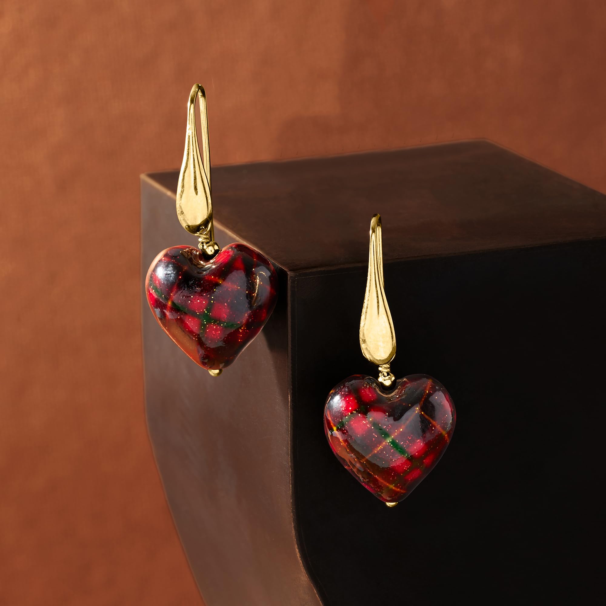 Ross-Simons Italian Murano Glass Tartan Heart Drop Earrings in 18kt Gold Over Sterling