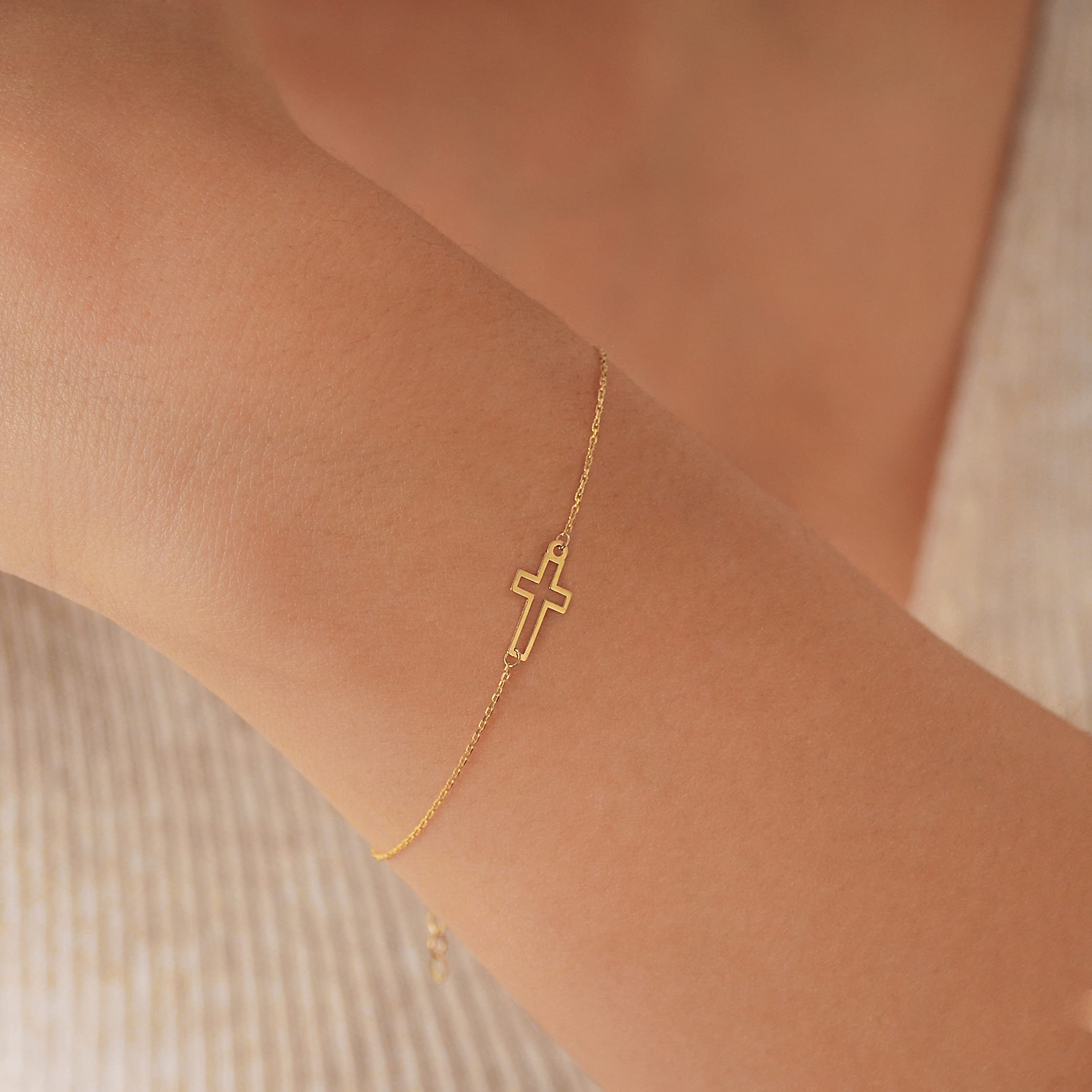 MIONZA 14k Solid Gold Cross Bracelet for Women, Bracelets, Real Gold Sideways Adjustable Cross Bracelet, Gold Plated Bracelet for Women, Christian Baptism Gift