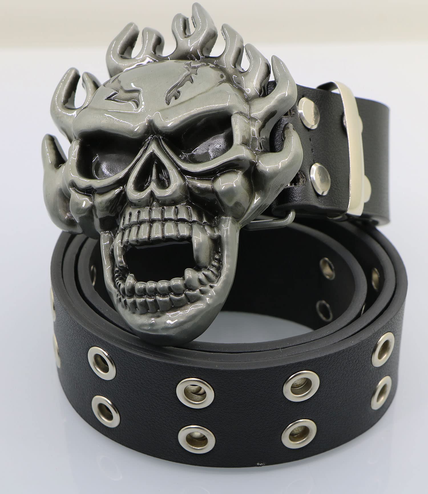 NORICAP Men And Women Metal Skull Head Leather Buckle Belt Waist Band Jeans Decorative Punk Belt (black)