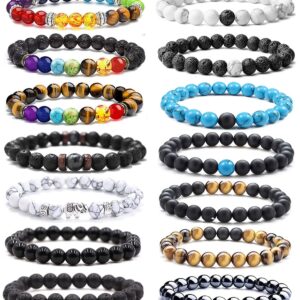 FIRAZIO 14Pcs Black Lava Stone 7 Chakra Bracelets 8mm Yinyang Rock Bead Elastic Bracelet Crystals Stones Bracelets Yoga Beaded Bracelets Essential Oil Diffuser for Men Women Jewelry