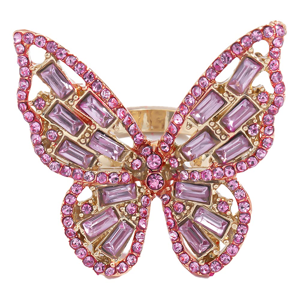 Pink CZ Butterfly Statement Ring for Women Gold Plated Boho Crystal Adjustable Open Band Wrap Finger Rings Comfort Fit Dainty Birthday Wedding Anniversary Mother's Day Christmas Jewelry